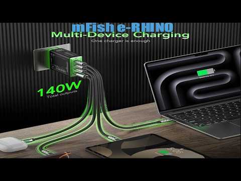 Mfish E-Rhino 140W USB-C Charger, True PD 3.1 GaN Fast Charger, 4-Port (3 USB-C + 1 USB-A)